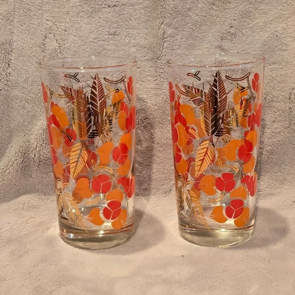 Vintage Libbey Fall Leaves Berries Highball Glasses Set of 2 Orange Red Gold MCM